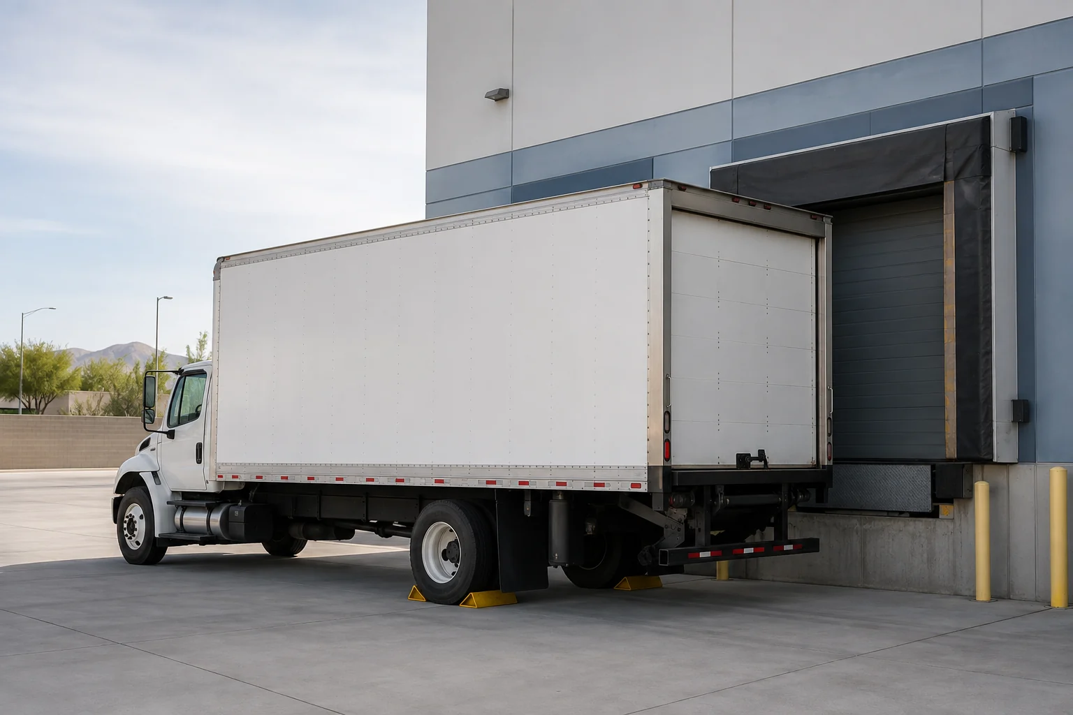 Unbranded box truck aligned with a loading dock