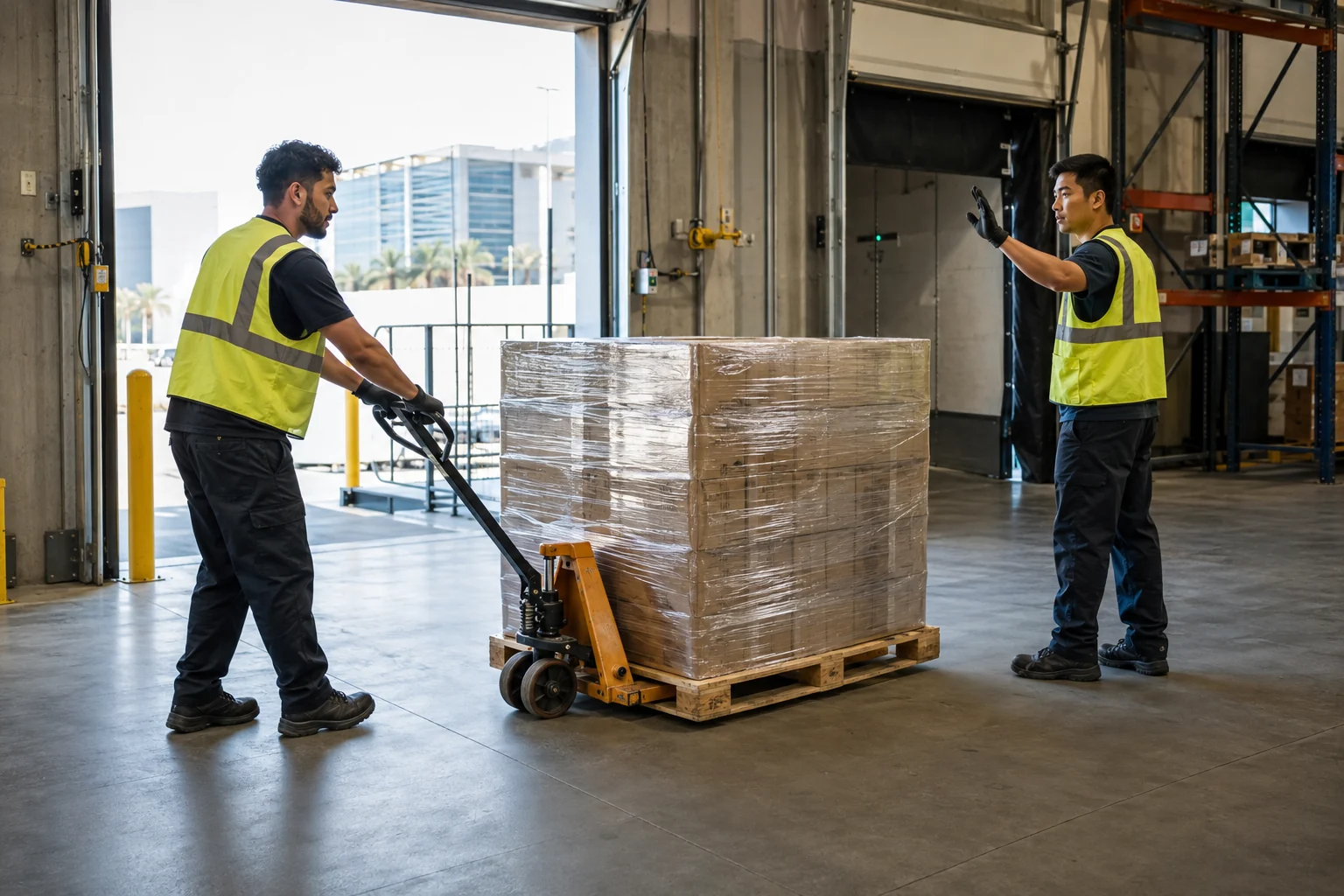 Two warehouse workers coordinating a wrapped pallet with a manual pallet jack