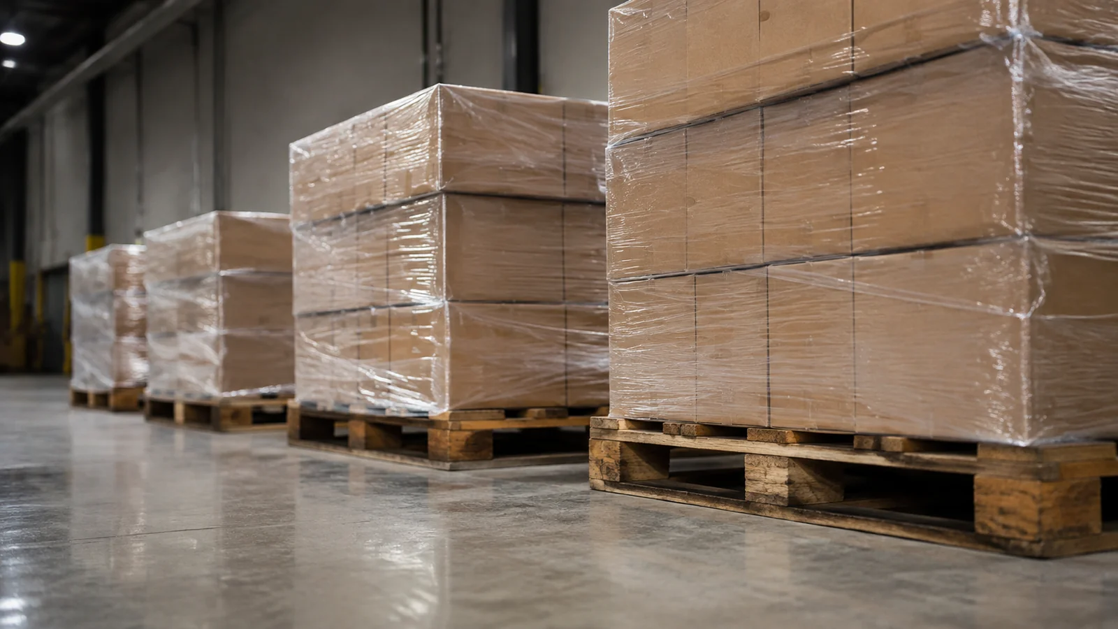 Secure wrapped pallets staged on a warehouse floor