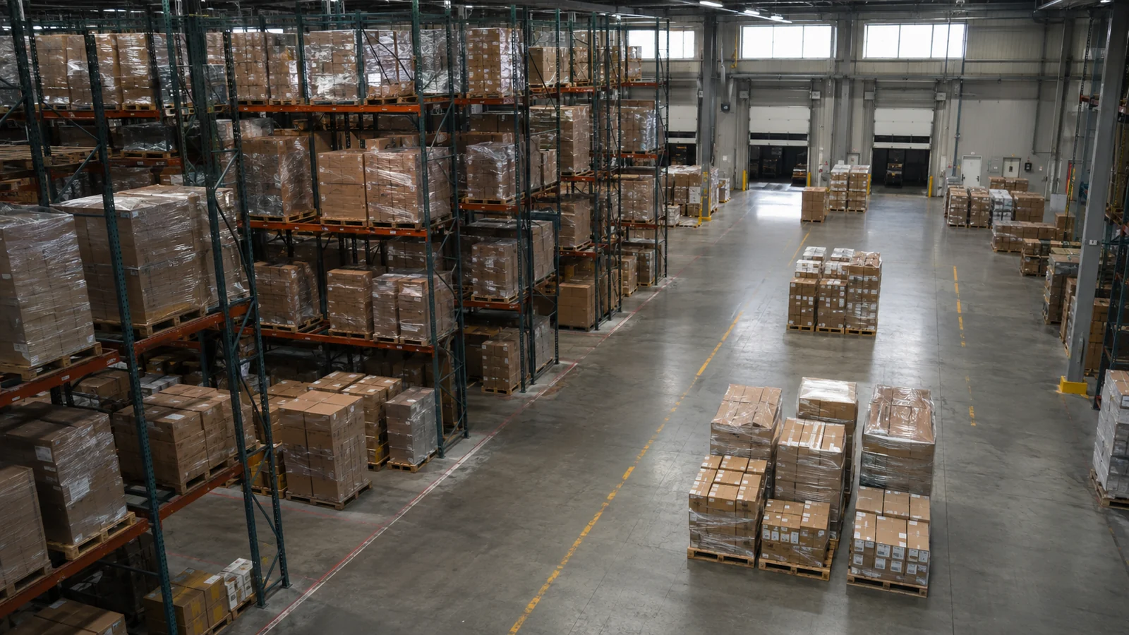 Clear aisle through racked warehouse inventory