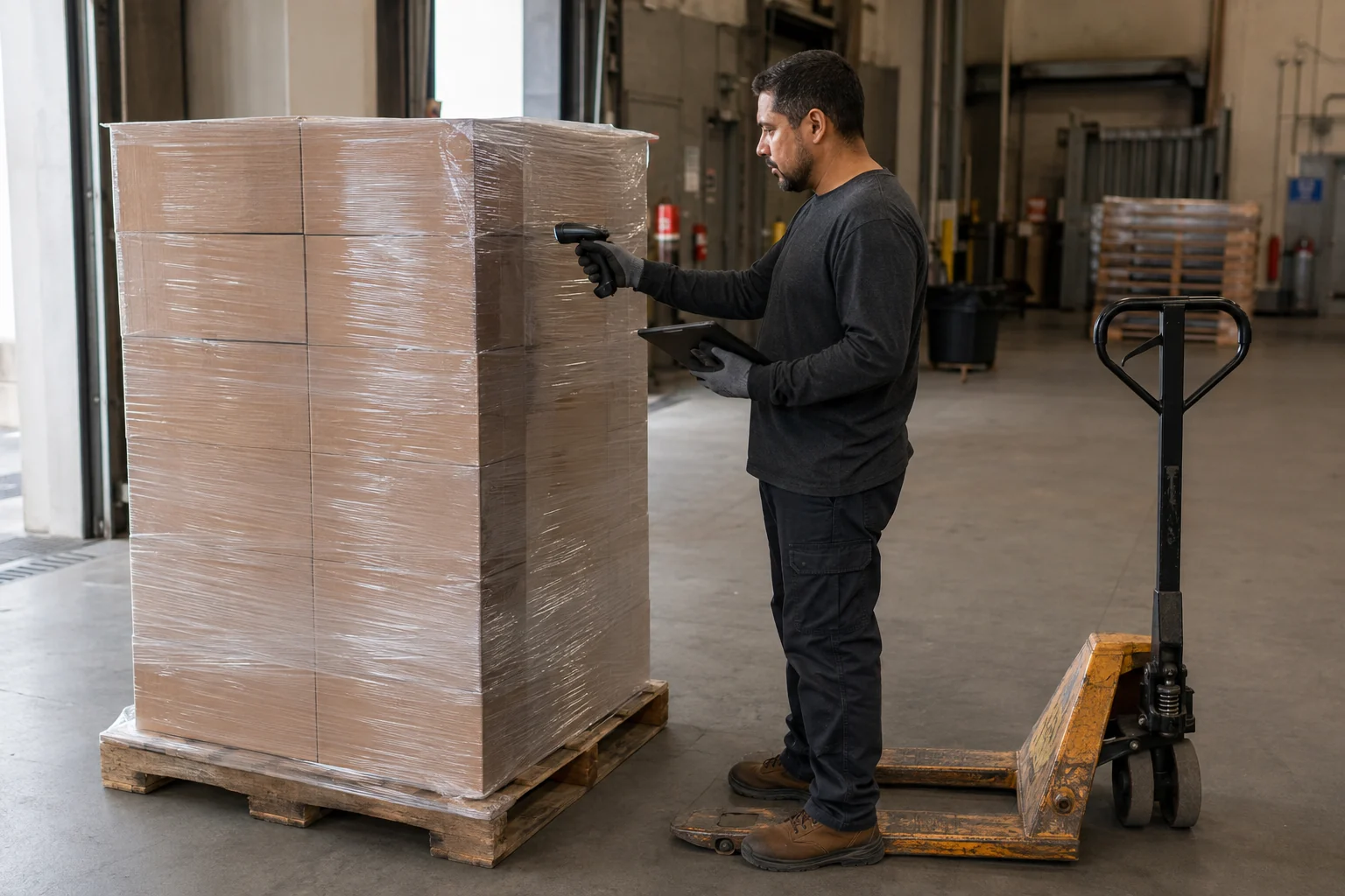 Worker checking cartons at a wrapped pallet